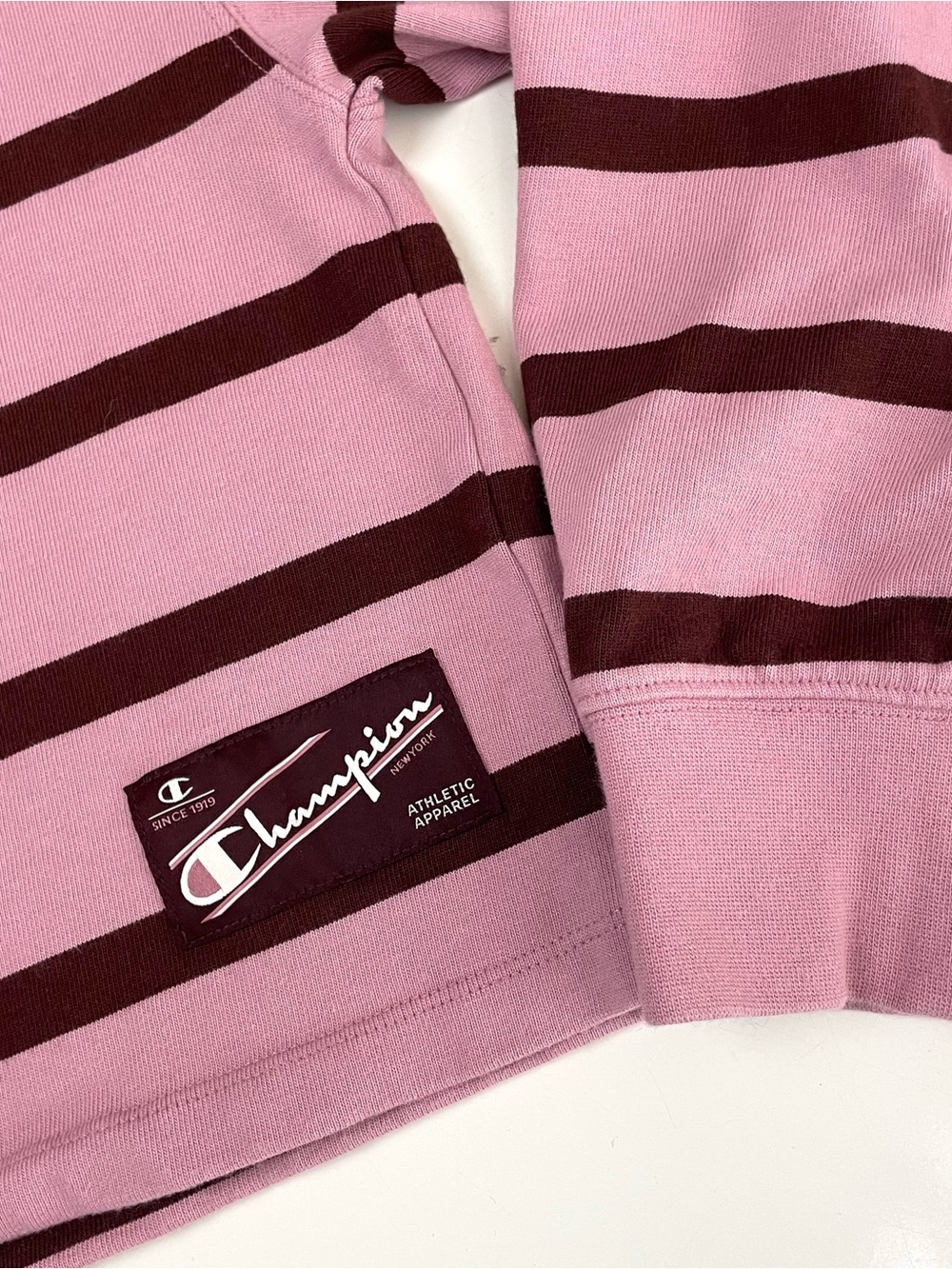 Champion Pink Burgundy Striped Cropped Rugby Shirt Pullover Preppy M - Picture 8 of 13